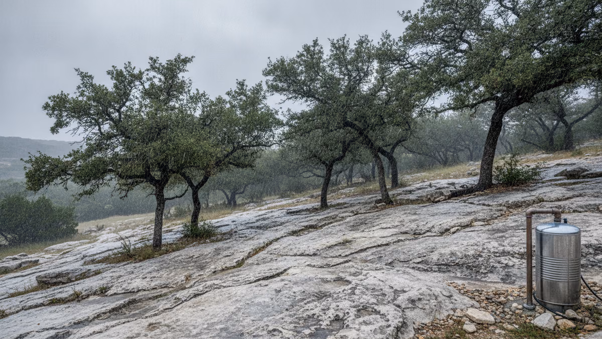 Rain on a Hill Country limestone hillside above a private well head