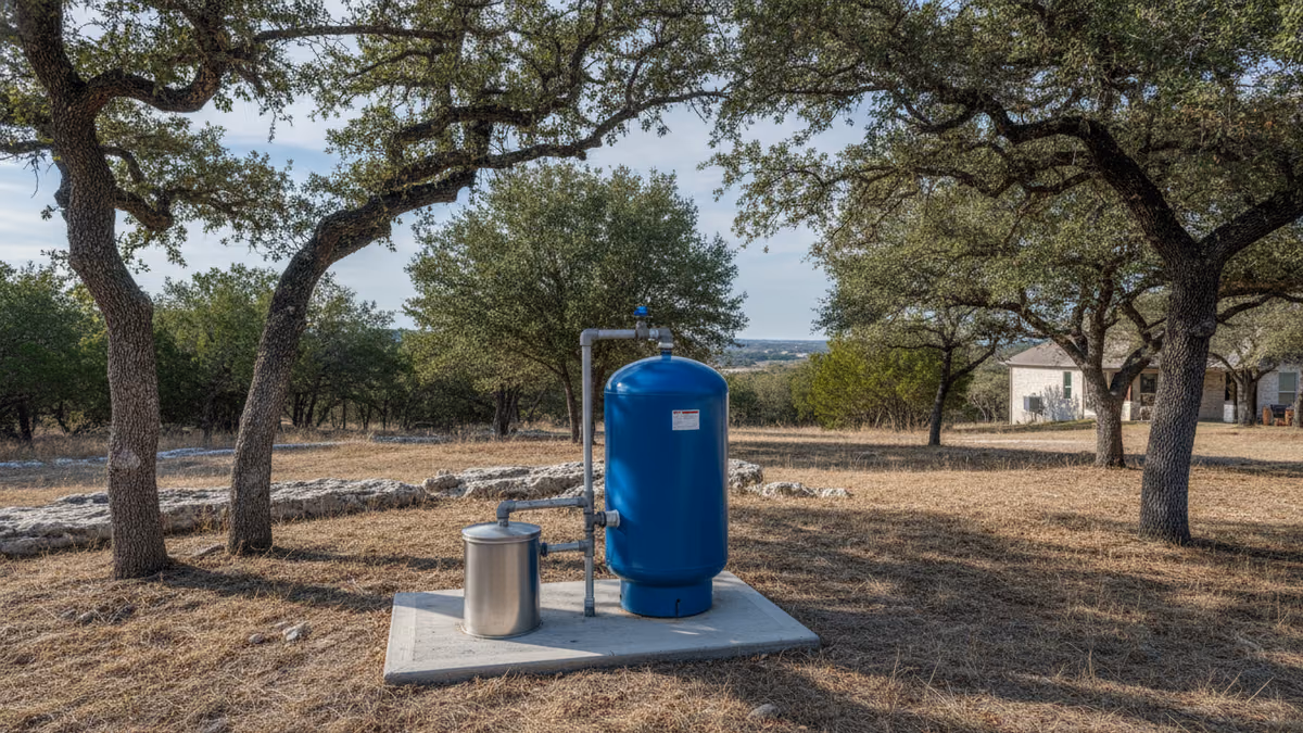 Residential well head and pressure tank in a Hill Country yard with limestone and live oaks