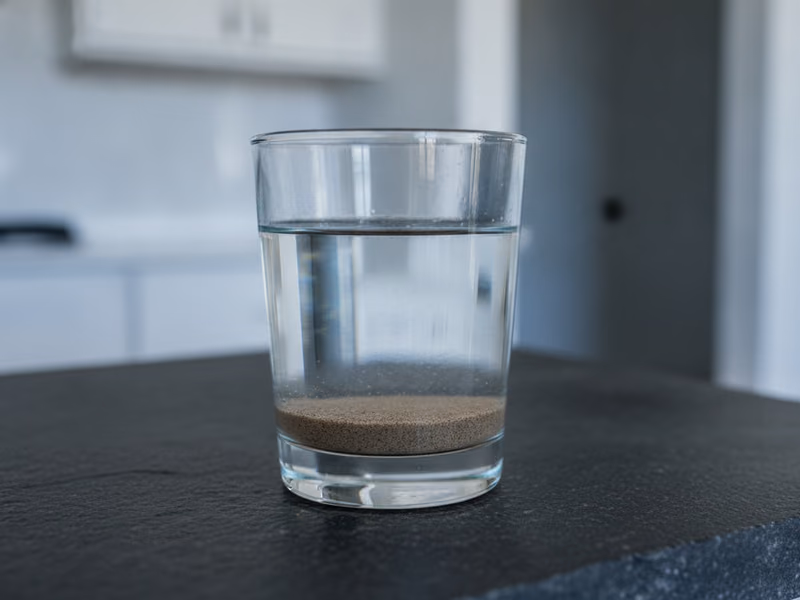 Still glass of water on a dark surface with fine sediment settling at the bottom