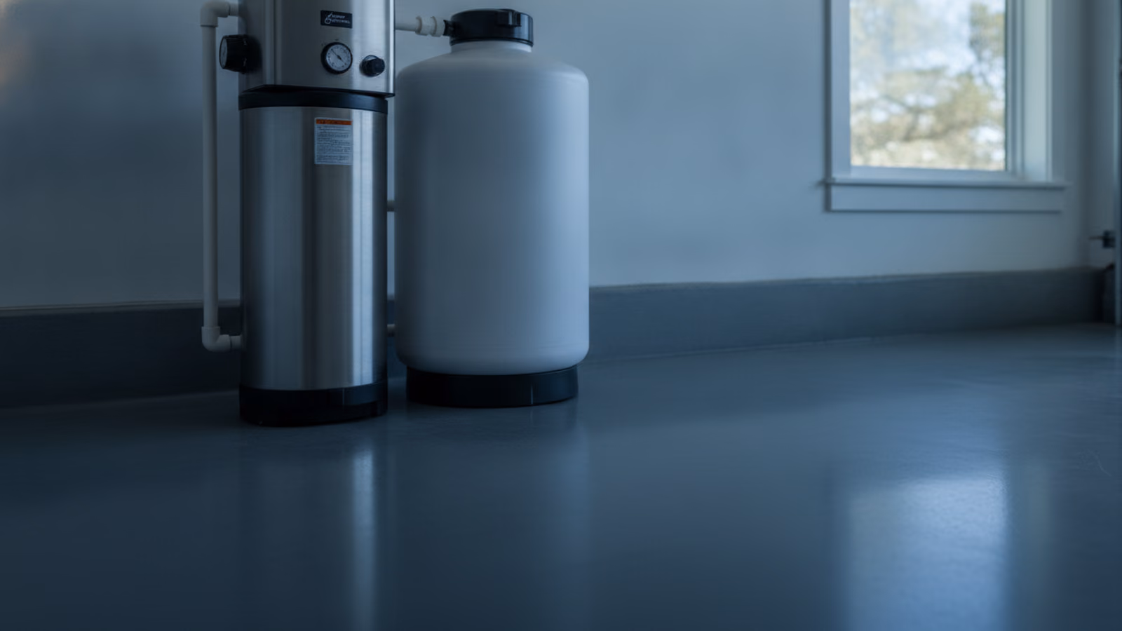 Modern water softener control head and brine tank in a clean garage corner