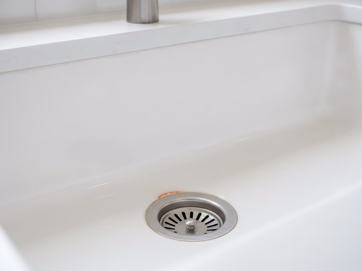 White porcelain sink with a faint orange iron stain around the drain