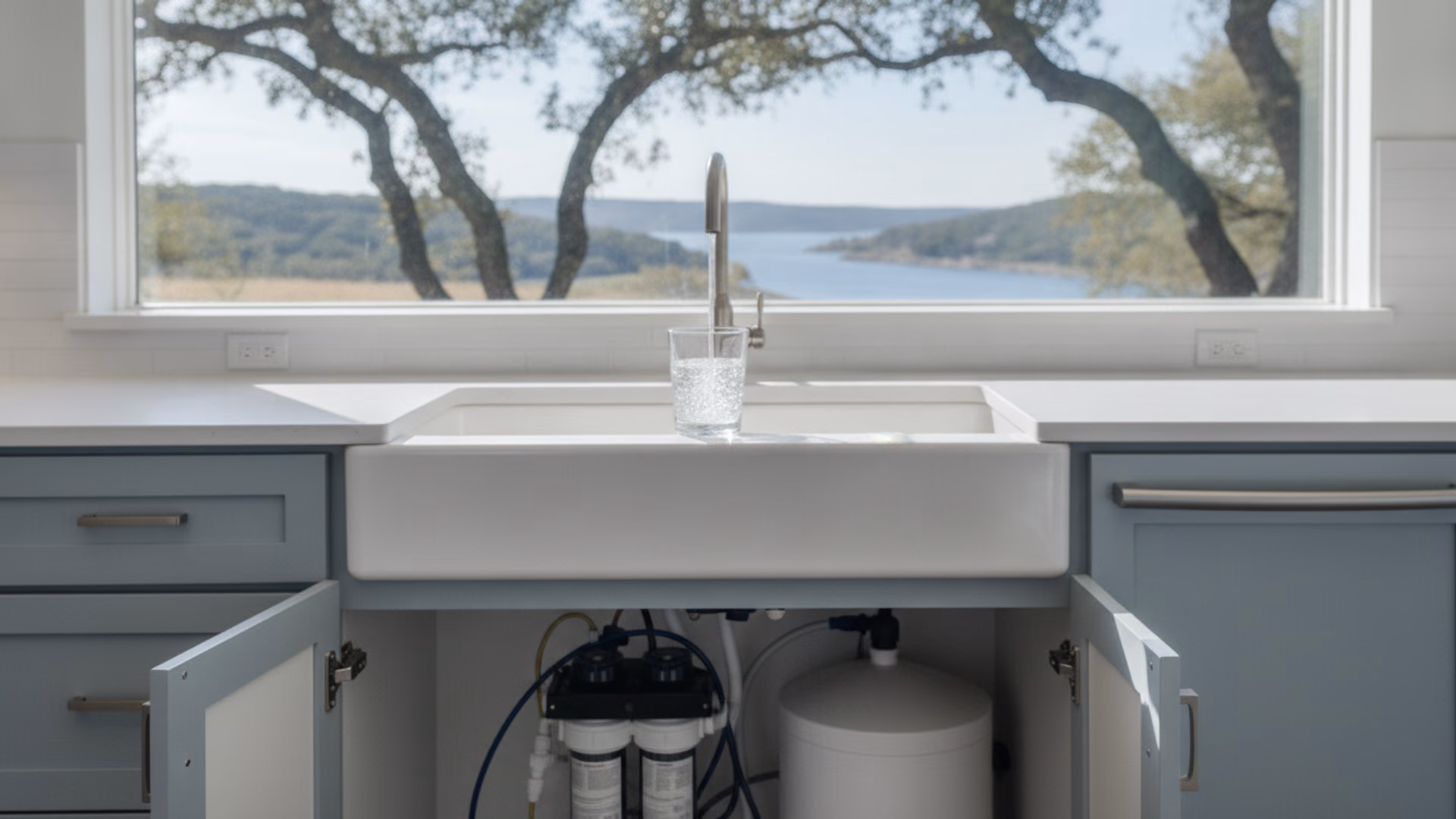 Kitchen sink with a dedicated reverse osmosis faucet running into a glass, RO unit visible under the sink