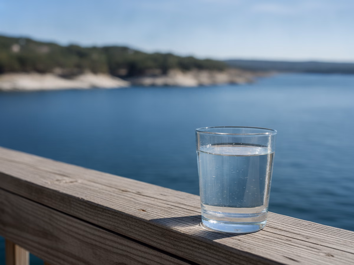 Clear glass of water with a blue lake softly out of focus behind it