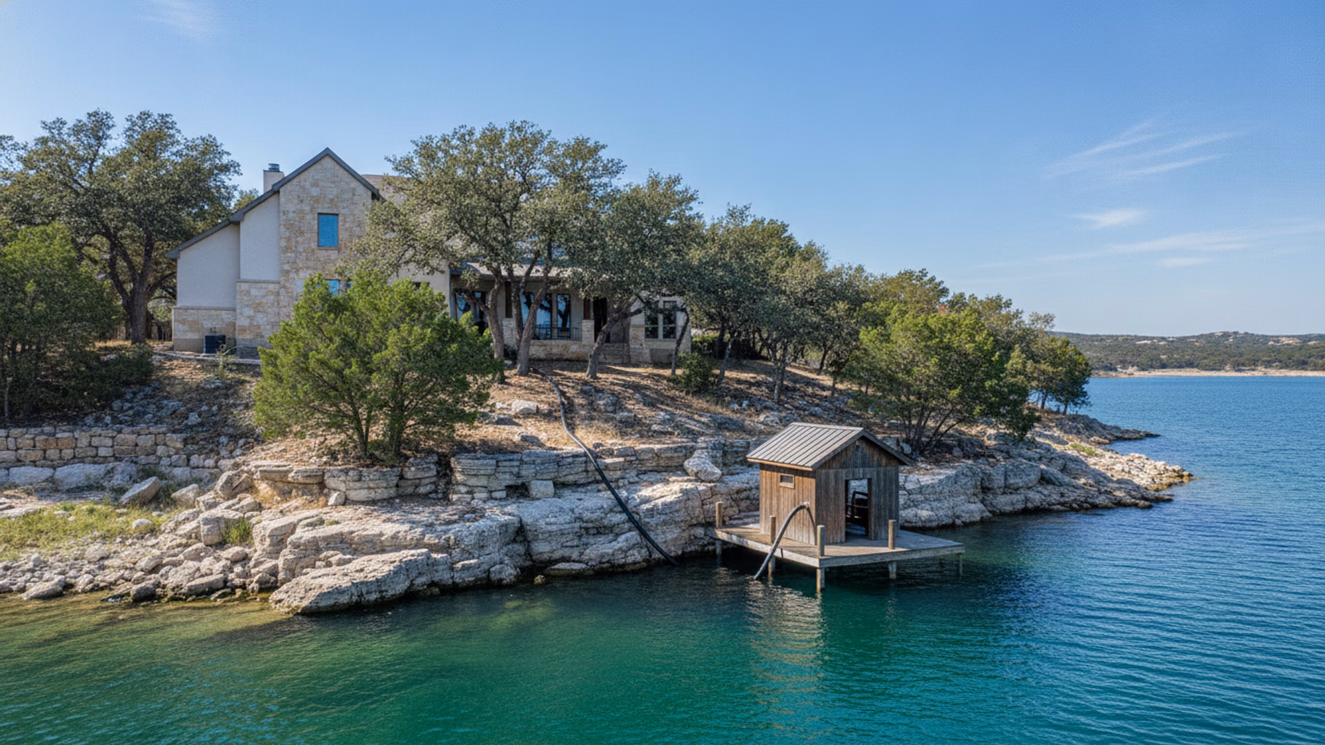 Lakeside stone-and-stucco home with a dock and raw-water intake line on Lake Travis at morning