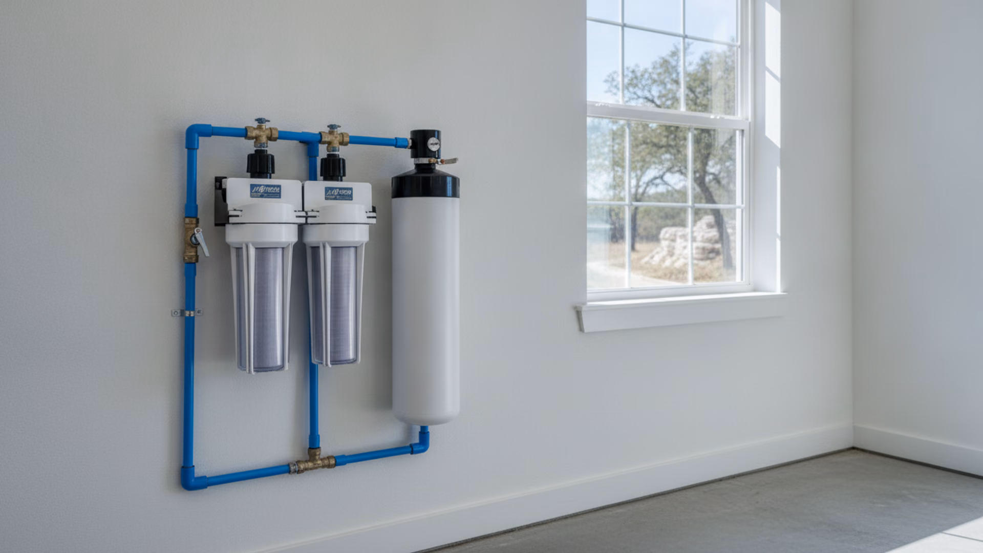 Twin filter housings and a carbon tank on a wall bracket in a garage