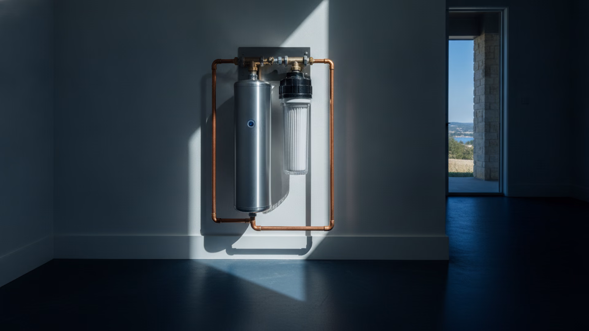 UV purification chamber and sediment prefilter on a manifold with a blue sight-port glow