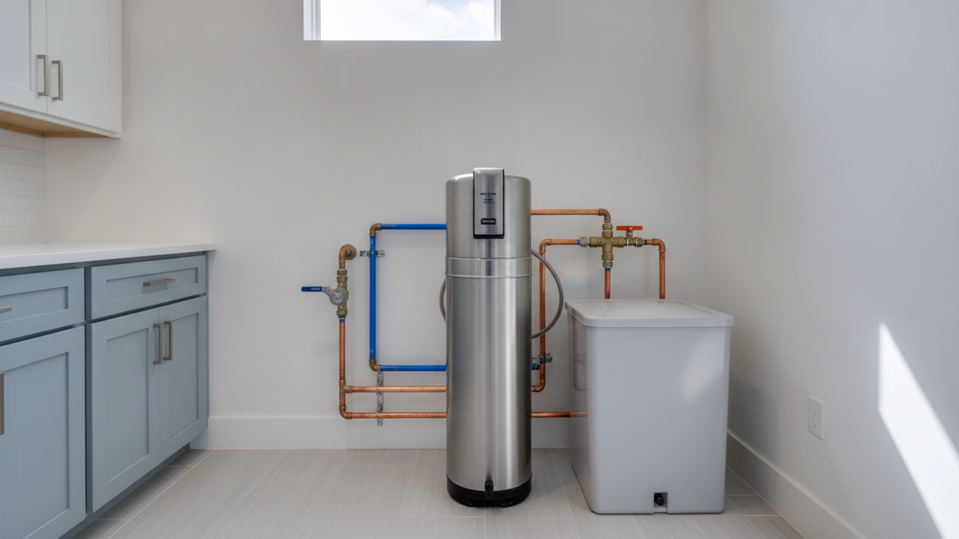 Water softener and brine tank freshly installed in a bright utility room with new plumbing