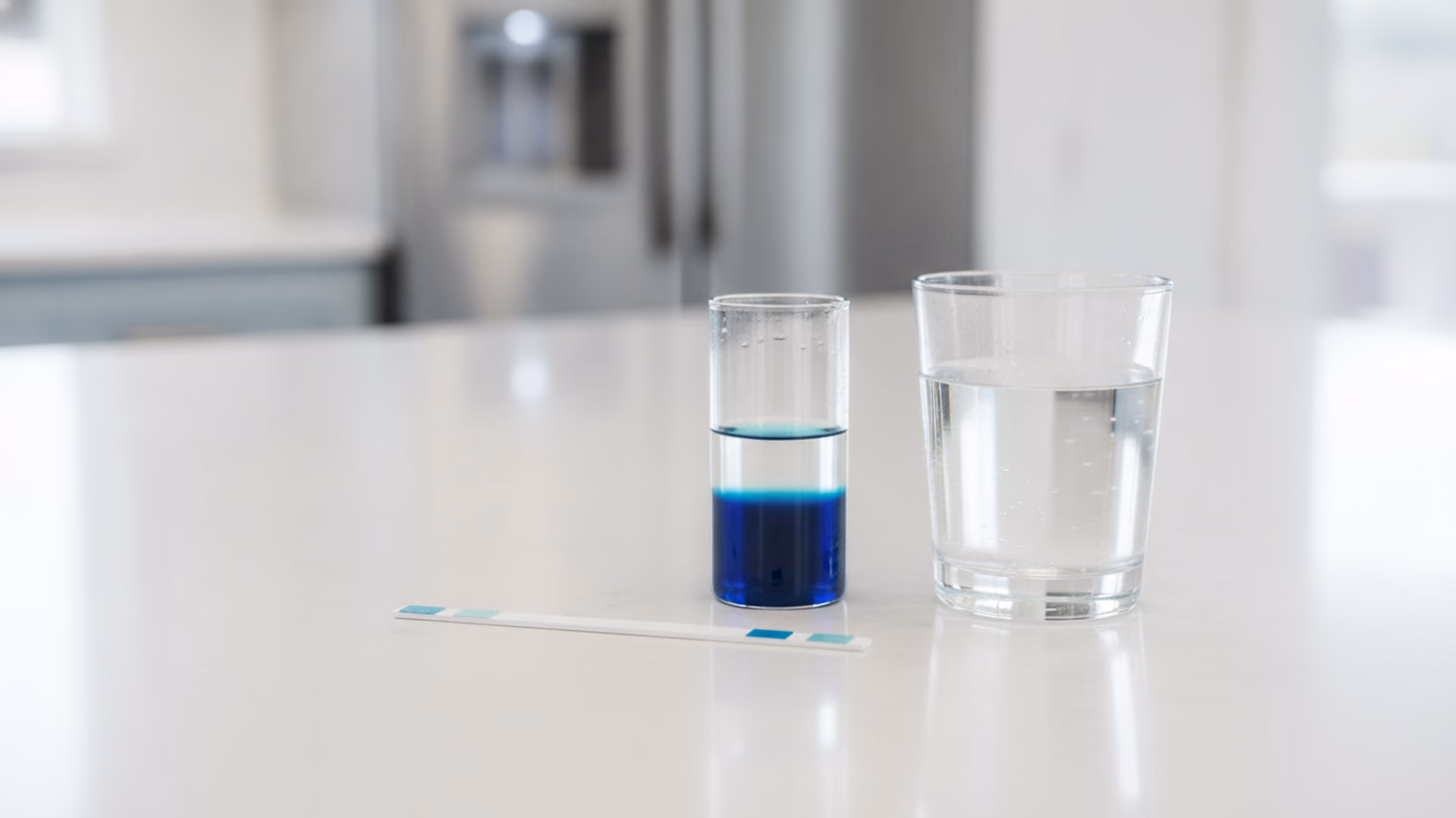 Hardness test strip and titration vial with blue-to-clear water on a kitchen counter
