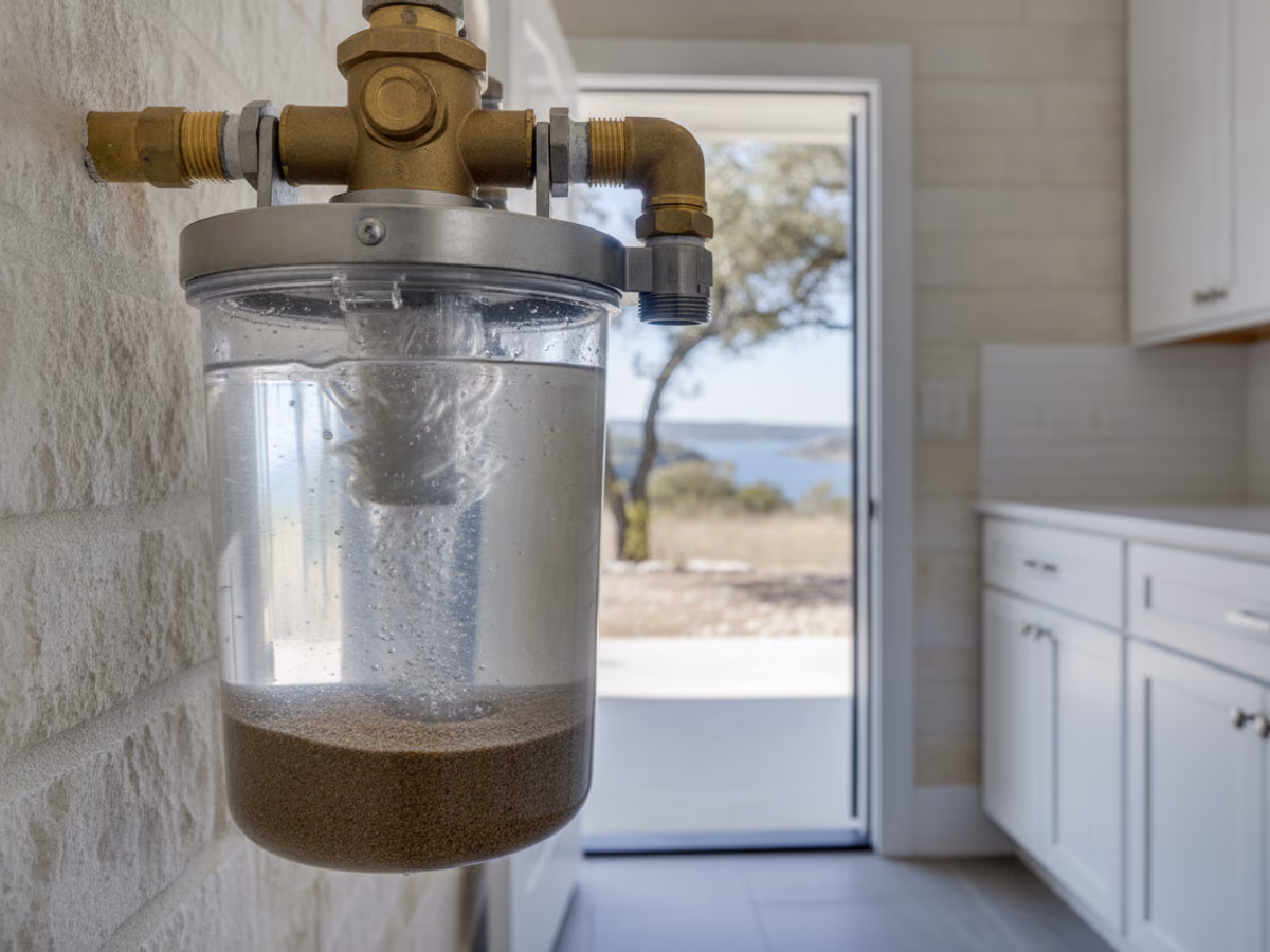 Spin-down sediment filter with sand settled in its clear bowl
