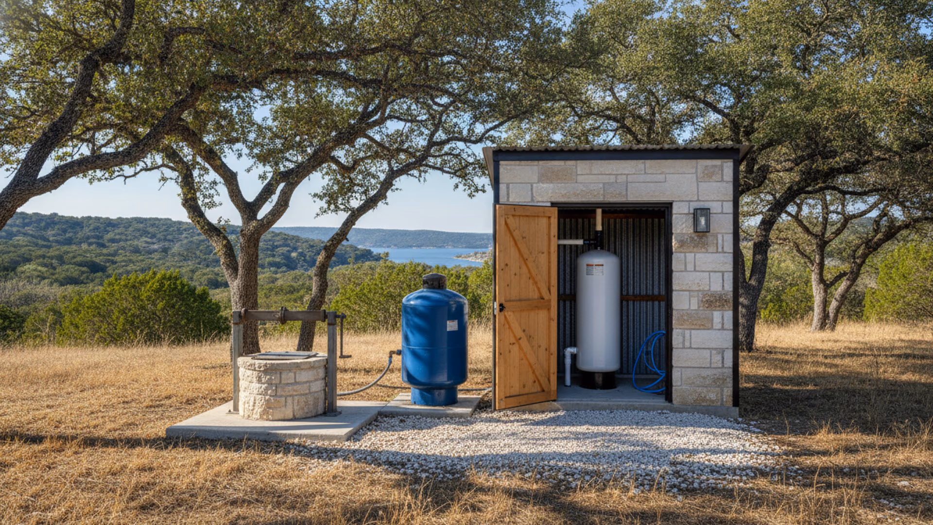 Well head and pressure tank beside a small treatment shed on a Hill Country morning