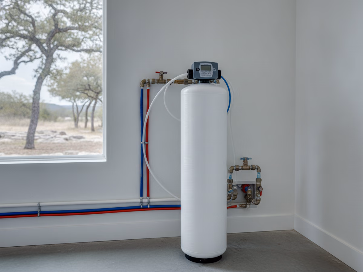 Pressure gauges and shut-off valves on a copper filtration manifold