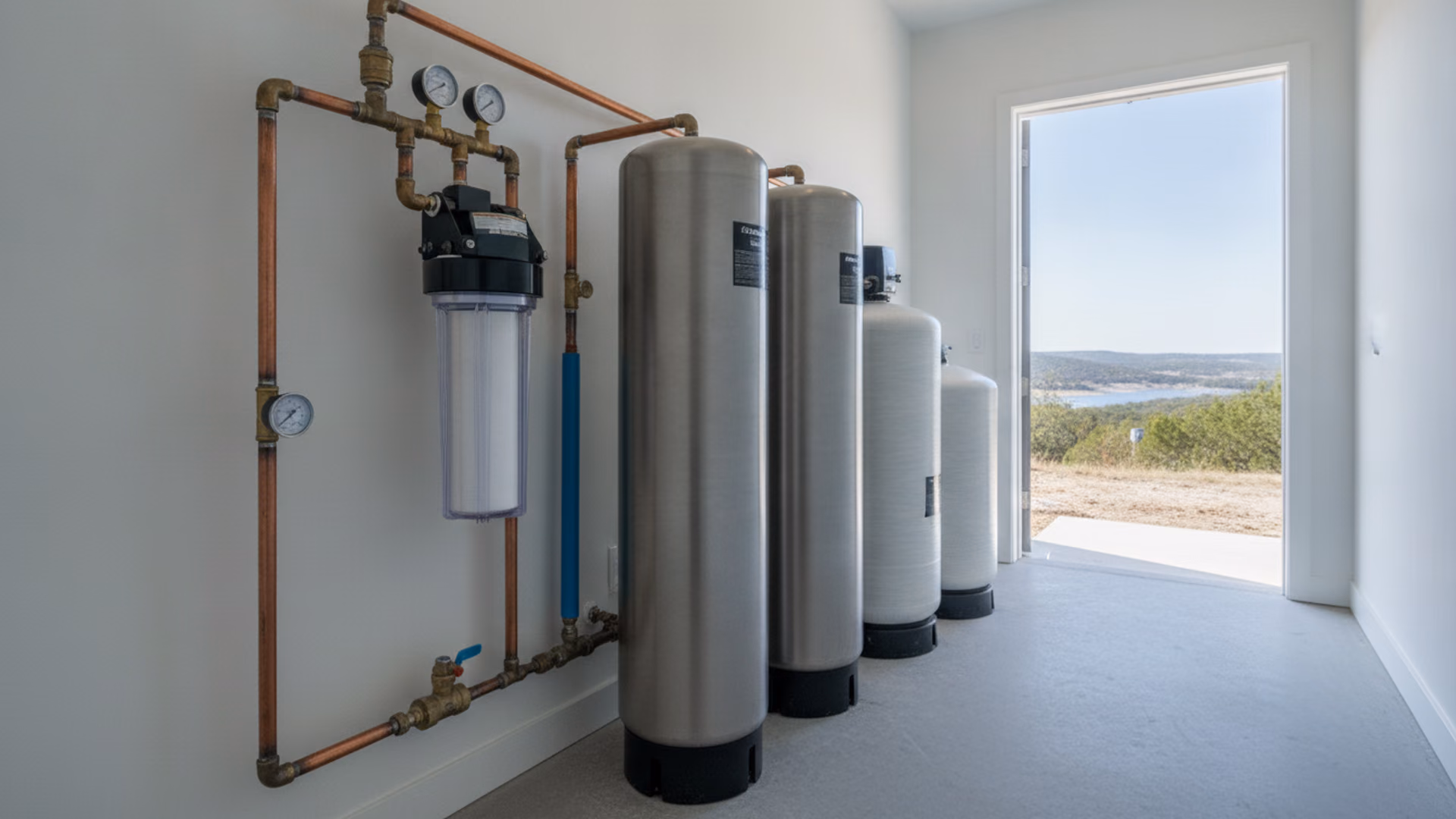 Utility room with a whole-house filtration stack: sediment, carbon and softener tanks plumbed in sequence